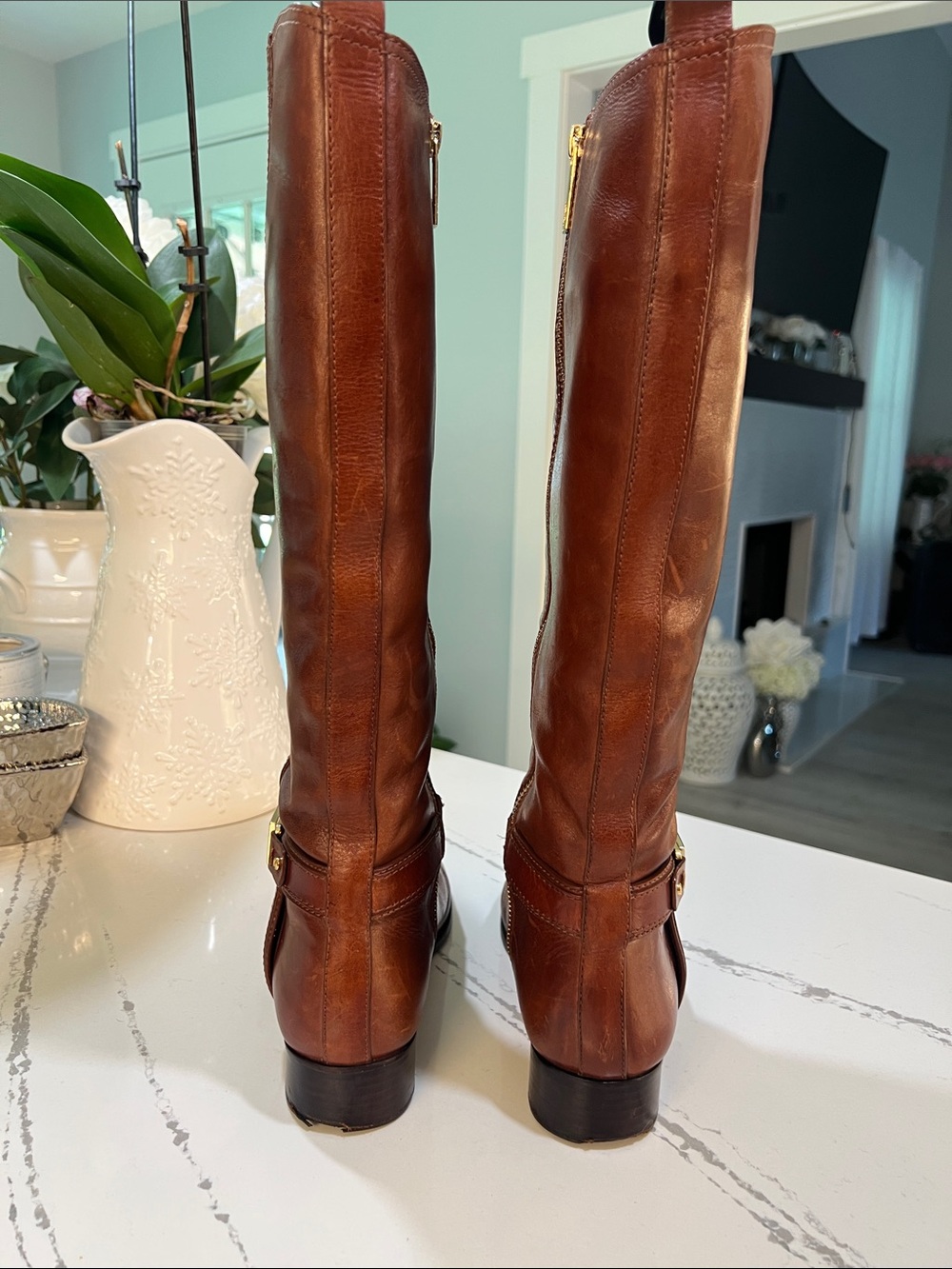 Tory Burch Chestnut Leather Riding Boots with Gold Logo Buckle size 7 - Picture 7 of 16